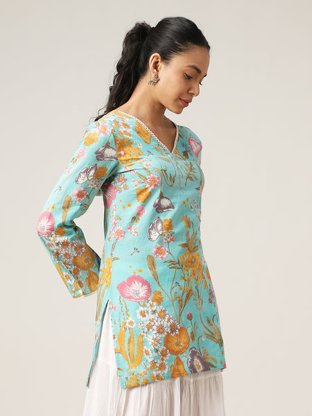Kimayra Cotton Hip Length Printed Full Sleeve V-Neck Straight Top