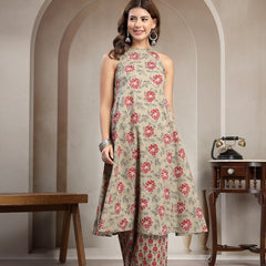 Kimayra Cotton Calf Length Printed Sleeveless Round Neck Flared Kurta Suit Set