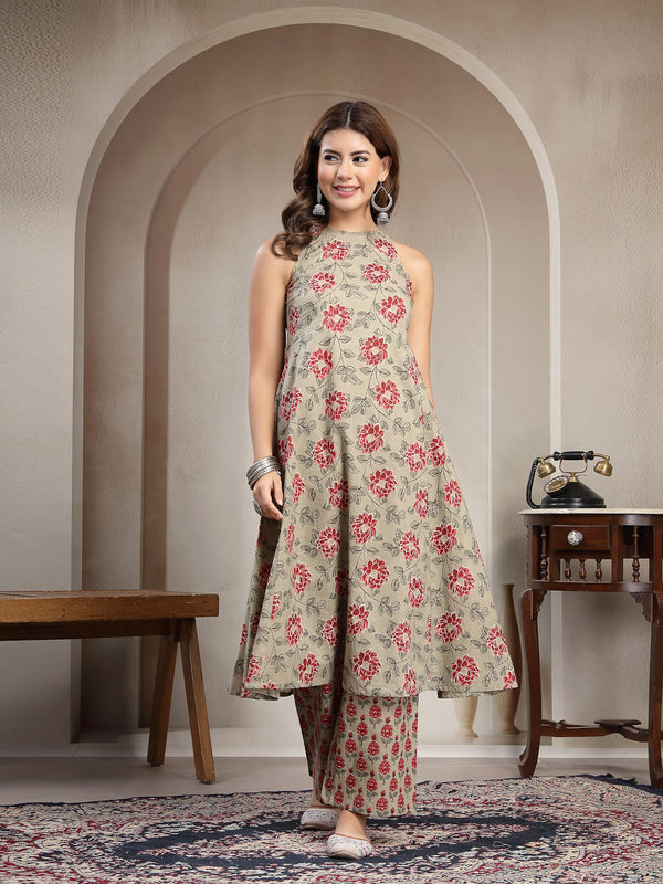 Kimayra Cotton Calf Length Printed Sleeveless Round Neck Flared Kurta Suit Set