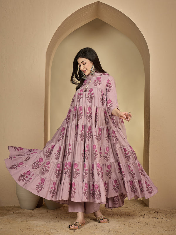 Kimayra Cotton Calf Length Printed 3/4 Sleeve Key Hole Neck Anarkali Kurta Suit Set