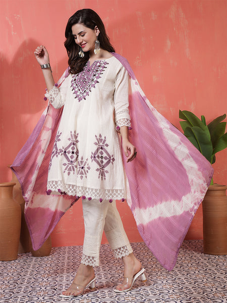 Kimayra Jacquard Knee Length Solid 3/4 Sleeves Round Neck Flared Kurta Suit Set