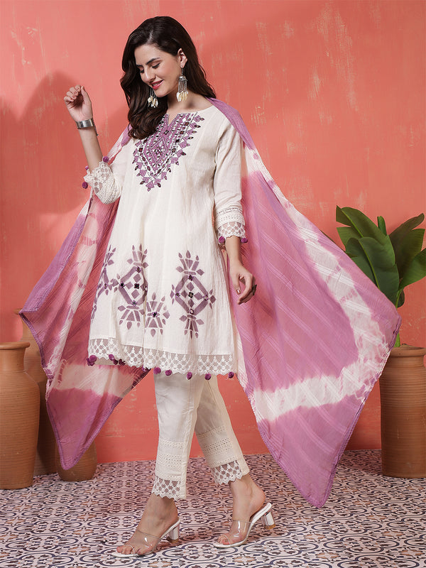Kimayra Jacquard Knee Length Solid 3/4 Sleeves Round Neck Flared Kurta Suit Set