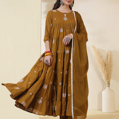 Kimayra Cotton Calf Length Printed 3/4 Sleeves Round Neck Anarkali Kurta Suit Set