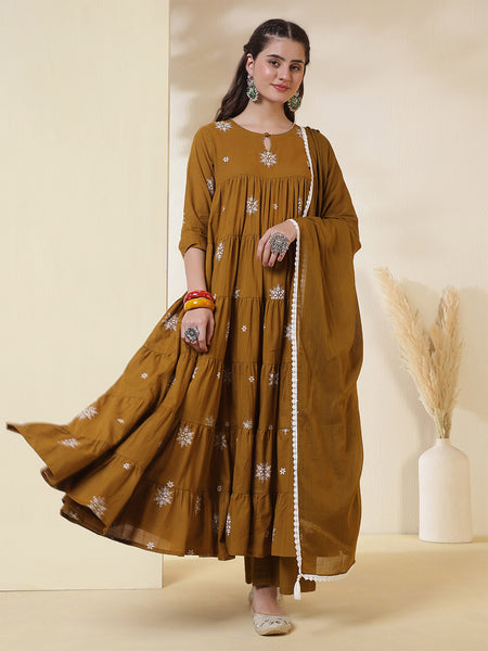 Kimayra Cotton Calf Length Printed 3/4 Sleeves Round Neck Anarkali Kurta Suit Set