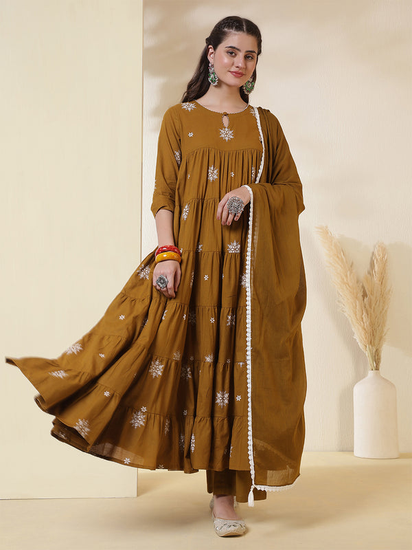 Kimayra Cotton Calf Length Printed 3/4 Sleeves Round Neck Anarkali Kurta Suit Set