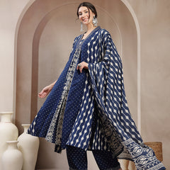 Kimayra Rayon Calf Length Printed 3/4 Sleeve V-Neck Flared Kurta Suit Set