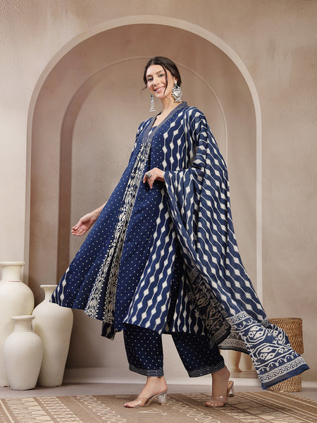 Kimayra Rayon Calf Length Printed 3/4 Sleeve V-Neck Flared Kurta Suit Set