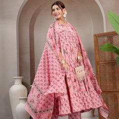 Kimayra Cotton Calf Length Printed 3/4 Sleeve Key Hole Neck Flared Kurta Suit Set
