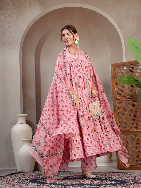 Kimayra Cotton Calf Length Printed 3/4 Sleeve Key Hole Neck Flared Kurta Suit Set