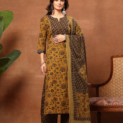 Kimayra Cotton Calf Length Printed 3/4 Sleeve Round Neck Straight Kurta Suit Set
