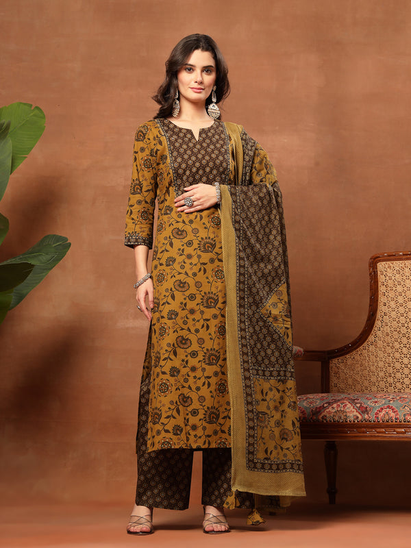 Kimayra Cotton Calf Length Printed 3/4 Sleeve Round Neck Straight Kurta Suit Set