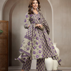 Kimayra Cotton Calf Length Printed 3/4 Sleeve V-Neck A-Line Kurta Suit Set