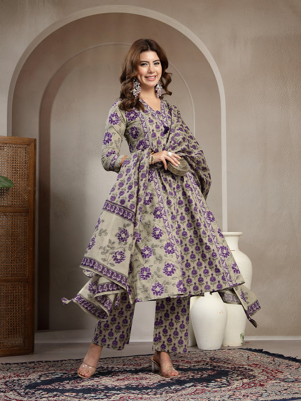 Kimayra Cotton Calf Length Printed 3/4 Sleeve V-Neck A-Line Kurta Suit Set