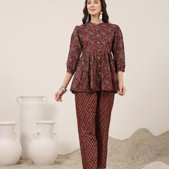 Kimayra Cotton Hip Length Printed 3/4 Sleeve Mandarin Collar Flared Kurta Suit Set