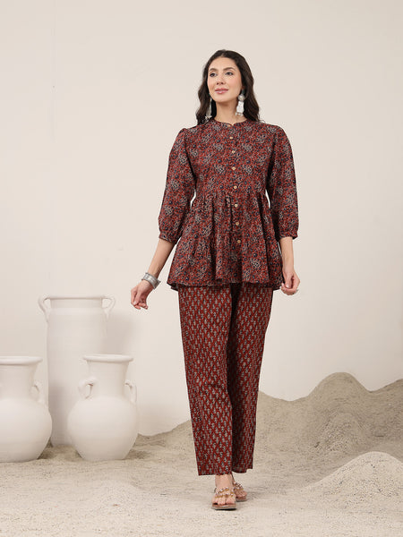 Kimayra Cotton Hip Length Printed 3/4 Sleeve Mandarin Collar Flared Kurta Suit Set