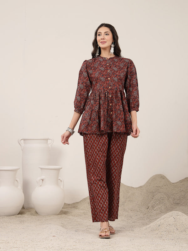 Kimayra Cotton Hip Length Printed 3/4 Sleeve Mandarin Collar Flared Kurta Suit Set