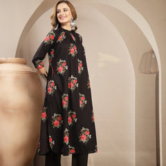 Kimayra Cotton Calf Length Printed 3/4 Sleeve Band Collar Flared Kurta Suit Set