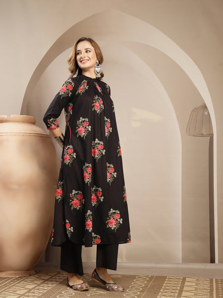 Kimayra Cotton Calf Length Printed 3/4 Sleeve Band Collar Flared Kurta Suit Set