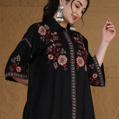 Kimayra Rayon Hip Length Solid 3/4 Sleeves Shirt Collar Flared Top