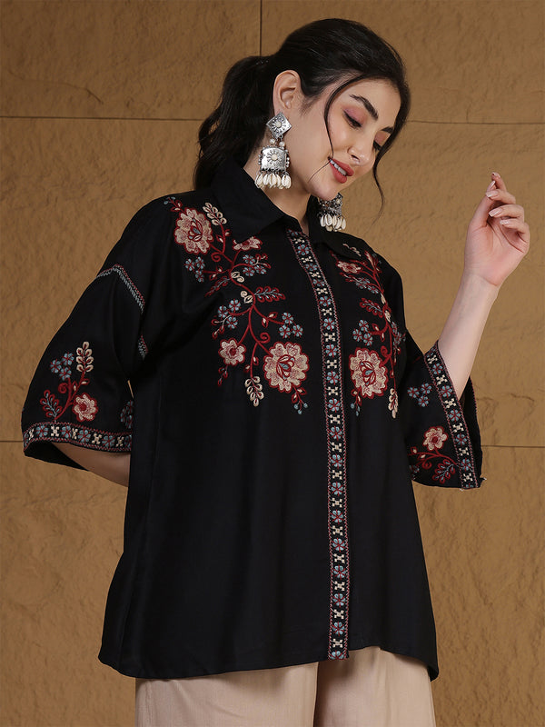 Kimayra Rayon Hip Length Solid 3/4 Sleeves Shirt Collar Flared Top