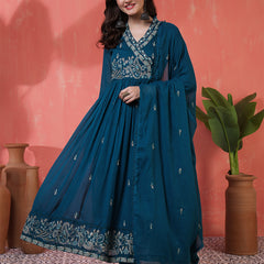 Kimayra Cotton Calf Length Printed 3/4 Sleeves Angrakha Anarkali Kurta Suit Set