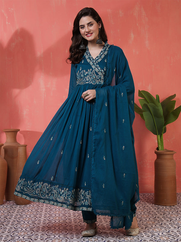 Kimayra Cotton Calf Length Printed 3/4 Sleeves Angrakha Anarkali Kurta Suit Set