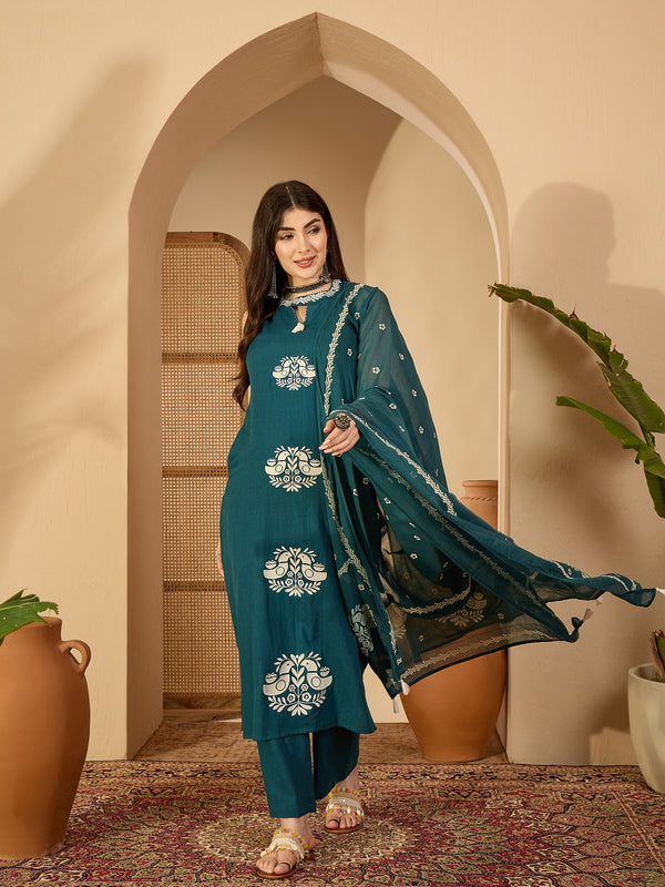 Kimayra Cotton Calf Length Printed Sleeveless Round Neck Straight Kurta Suit Set