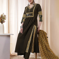 Kimayra Rayon Calf Length Solid 3/4 Sleeves V Neck Flared Kurta Suit Set