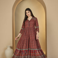 Kimayra Cotton Calf Length Printed 3/4 Sleeves V-Neck Anarkali Kurta