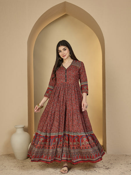 Kimayra Cotton Calf Length Printed 3/4 Sleeves V-Neck Anarkali Kurta