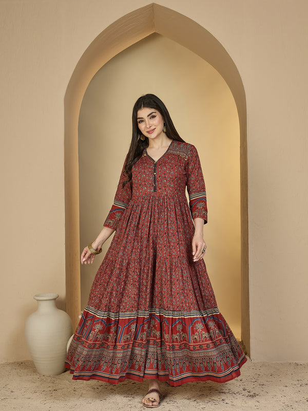 Kimayra Cotton Calf Length Printed 3/4 Sleeves V-Neck Anarkali Kurta