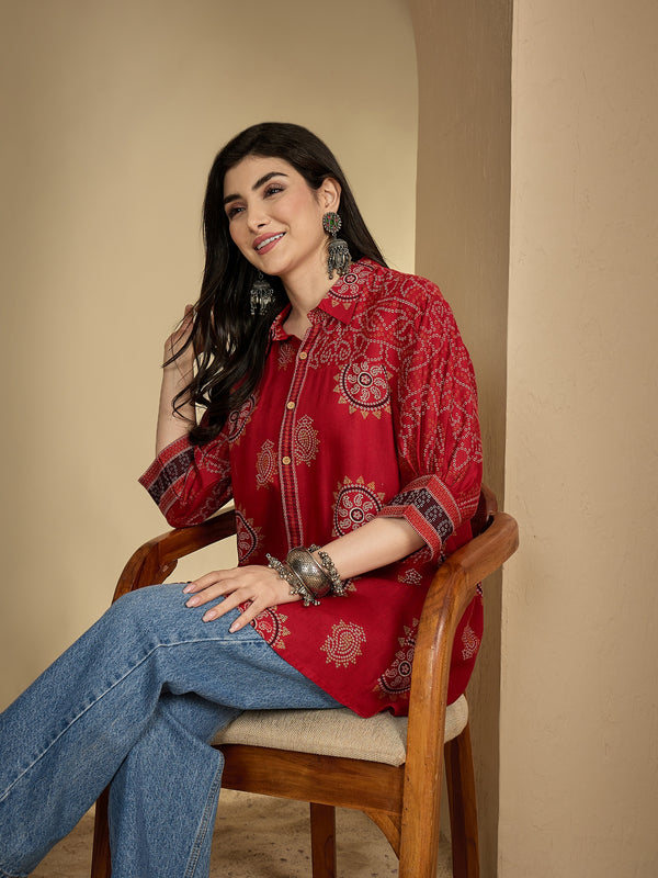 Kimayra Rayon Hip Length Printed 3/4 Sleeve Shirt Collar Flared Top