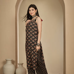 Kimayra Rayon Calf Length Printed Strappy Sleeve Round Neck A-Line Kurta Suit Set