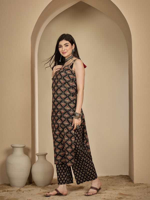 Kimayra Rayon Calf Length Printed Strappy Sleeve Round Neck A-Line Kurta Suit Set