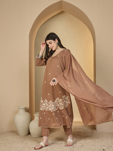 Kimayra Cotton Calf Length Solid 3/4 Sleeves V-Neck A-Line Kurta Suit Set