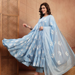 Kimayra Cotton Calf Length Printed 3/4 Sleeve Round Neck Flared Kurta Suit Set