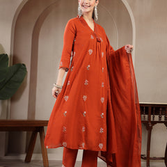 Kimayra Cotton Calf Length Printed 3/4 Sleeve V Neck Straight Kurta Suit Set