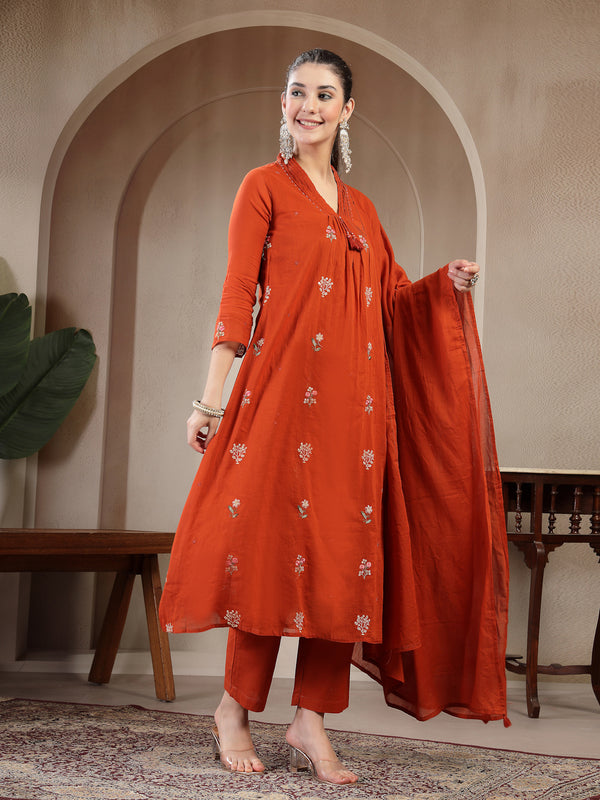 Kimayra Cotton Calf Length Printed 3/4 Sleeve V Neck Straight Kurta Suit Set