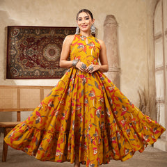 Kimayra Cotton Calf Length Printed Sleeveless Key Hole Neck Flared Kurta