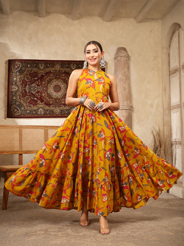 Kimayra Cotton Calf Length Printed Sleeveless Key Hole Neck Flared Kurta