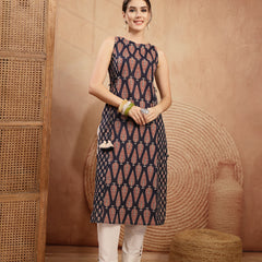 Kimayra Rayon Calf Length Printed Sleeveless Round Neck Straight Kurta