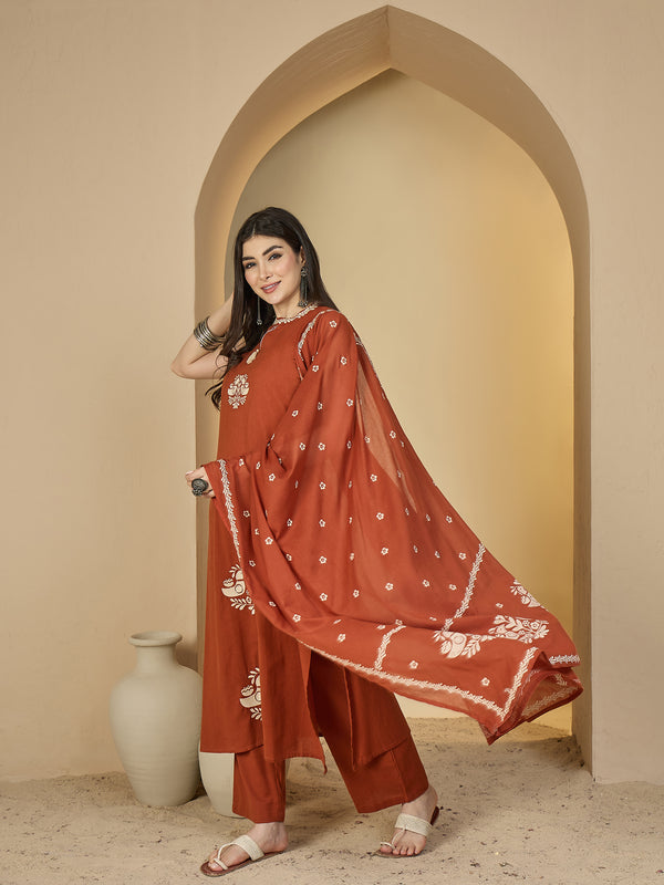 Kimayra Cotton Calf Length Printed Sleeveless Round Neck Straight Kurta Suit Set