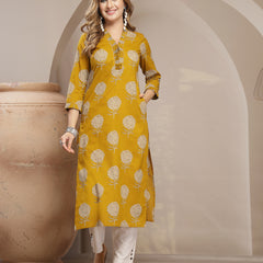 Kimayra Cotton Calf Length Printed 3/4 Sleeve V-Neck Straight Kurta