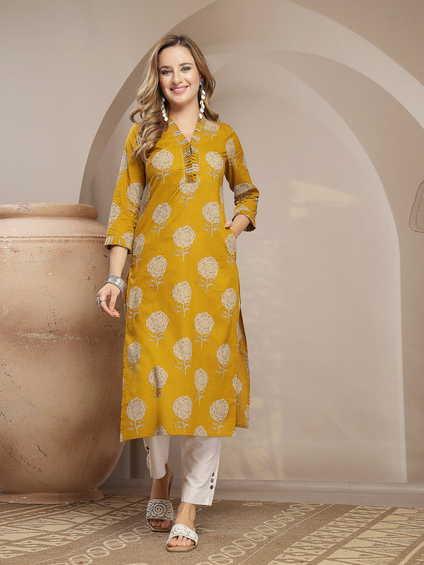 Kimayra Cotton Calf Length Printed 3/4 Sleeve V-Neck Straight Kurta