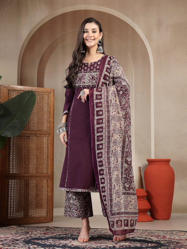 Kimayra Cotton Calf Length Solid 3/4 Sleeve Round Neck Straight Kurta Suit Set