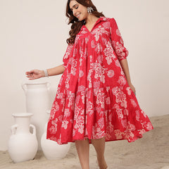 Kimayra Cotton Knee Length Printed 3/4 Sleeve Shirt Collar Flared Dress