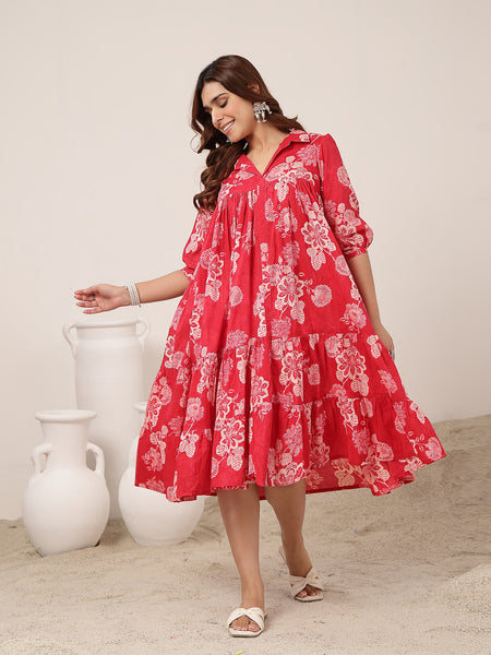 Kimayra Cotton Knee Length Printed 3/4 Sleeve Shirt Collar Flared Dress