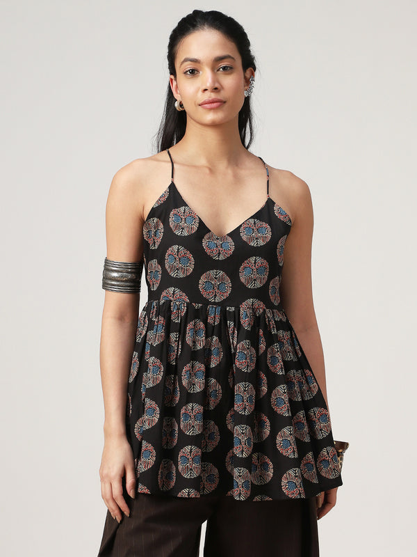Kimayra Cotton Hip Length Printed Sleeveless V-Neck Flared Top