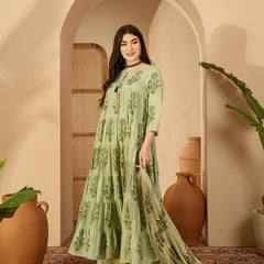 Kimayra Cotton Calf Length Printed 3/4 Sleeve Key Hole Neck Anarkali Kurta Suit Set