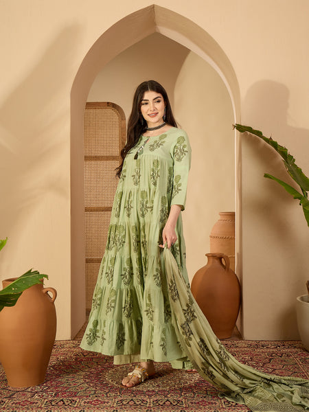 Kimayra Cotton Calf Length Printed 3/4 Sleeve Key Hole Neck Anarkali Kurta Suit Set